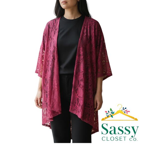 LuLaRoe Pink Lace Open Front Top Elbow Sleeve High Low Hem Oversized Size S EUC - Picture 1 of 6